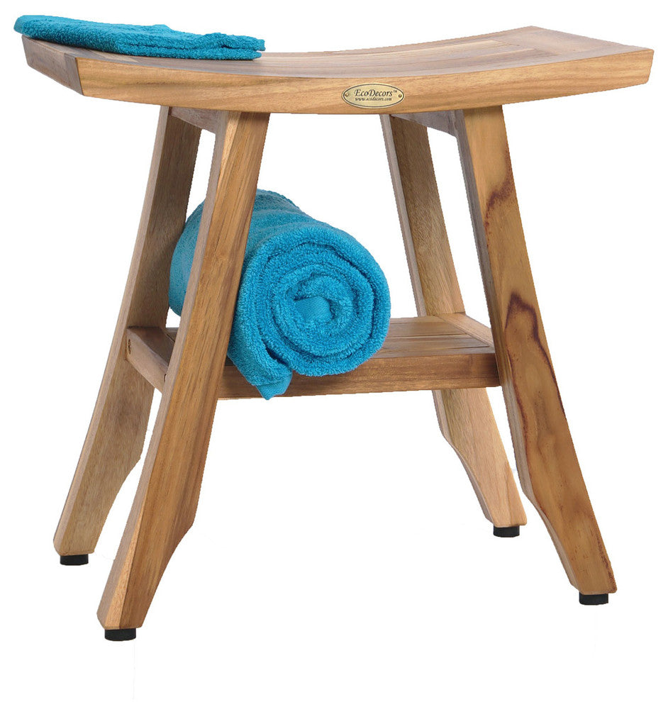 Ecodecors Satori Eastern Style Earthyteak Shower Bench, 18", With Shelf
