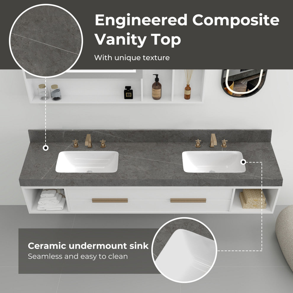 73 in. Engineered Composite White Rectangular Double Sink Vanity Top, Armani Gray