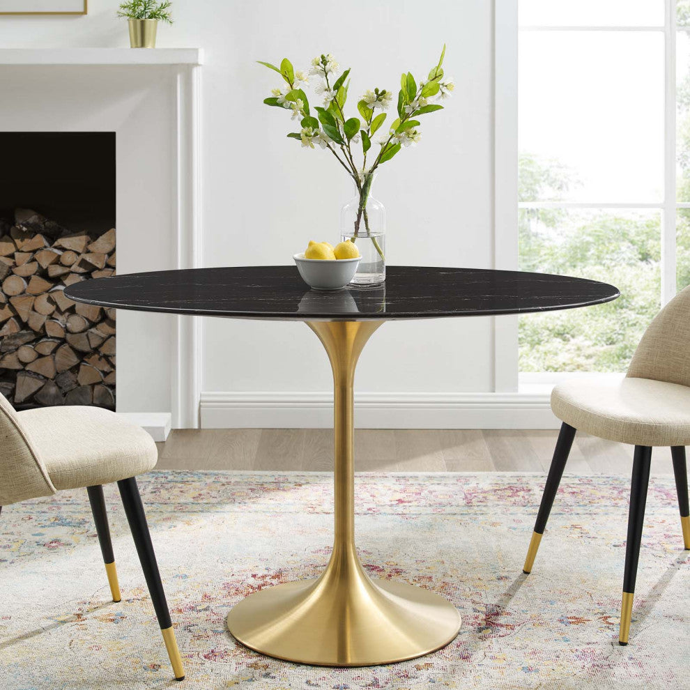 Dining Table, Oval, Artificial Marble, Metal, Gold Black, Cafe Bistro Restaurant