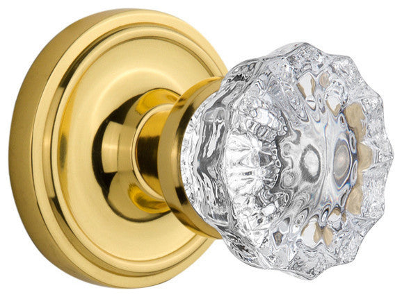Classic Rosette Interior Mortise Crystal Glass Door Knob, Polished Brass