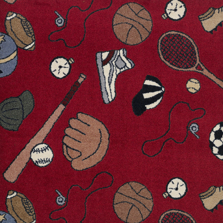 3' Round Custom Area Rug Multi Sports, Nylon Stainmaster Carpet, Red