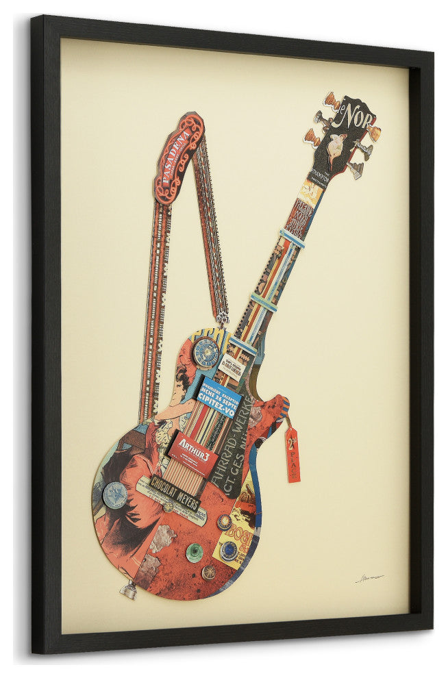 Electric Guitar Hand Made Dimensional Collage Framed Wall Art Under Glass