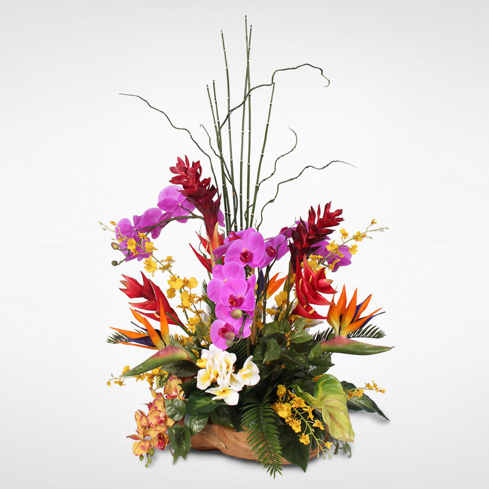 Exotic Tropical Silk Flower Arrangement in Teakwood Bowl