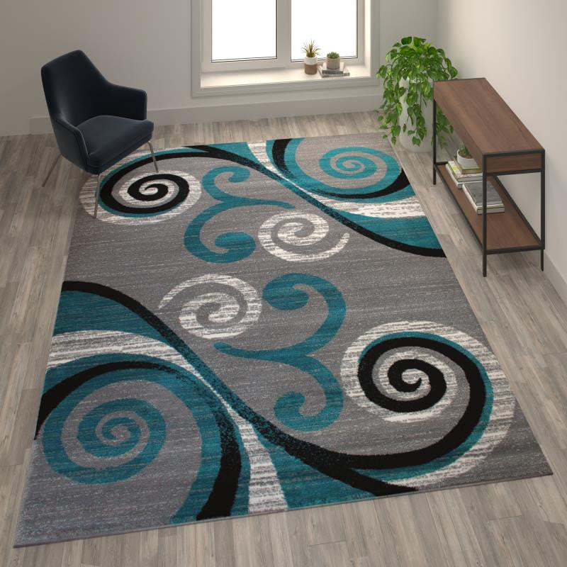 Valli Collection Modern Abstract Pattern Area Rug -Olefin with Jute Backing, Turquoise, 8' X 10'