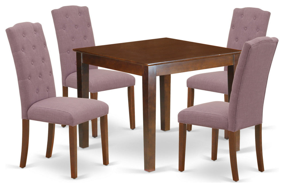 5Pc Dining Set, Square Table, Four Parson Chairs, Dahlia Fabric, Mahogany