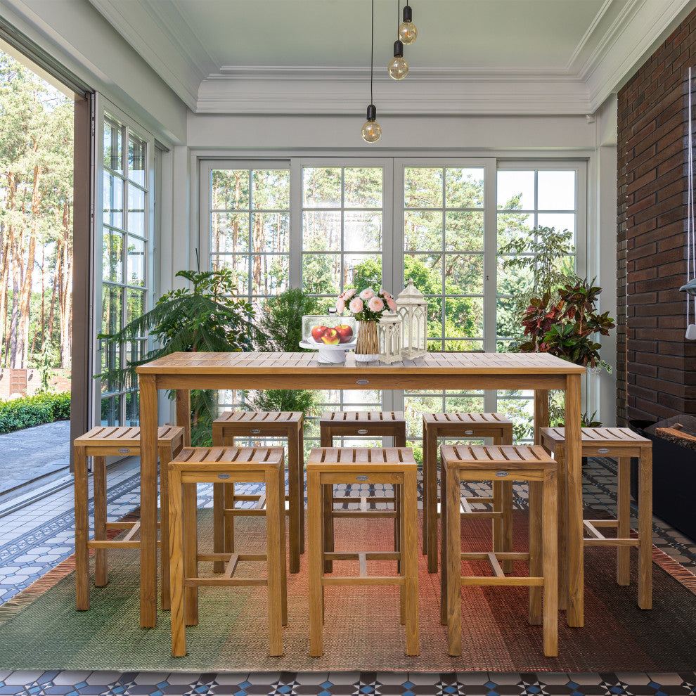 9-Piece Teak Wood Santa Monica Patio Bar Set, 71" Bar Table and 8 Barstools