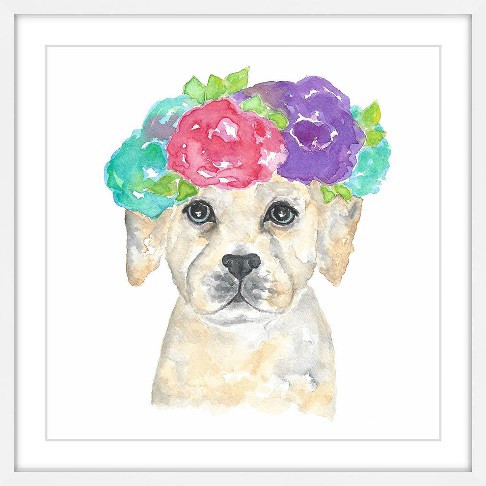 Marmont Hill, "Dog with Flower Crown" by Thimble Sparrow Framed Painting, 12x12