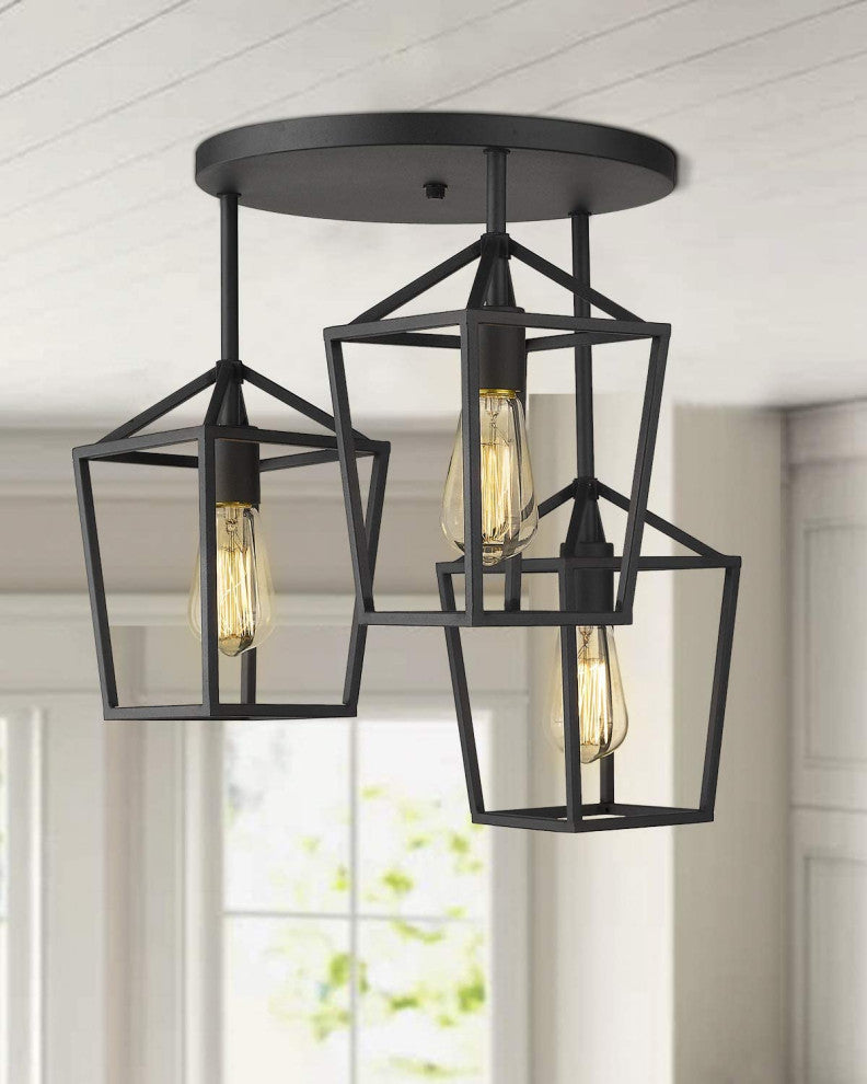 3 Light Black Ceiling Light, Metal Cage, Semi Flush Mount Light Fixture