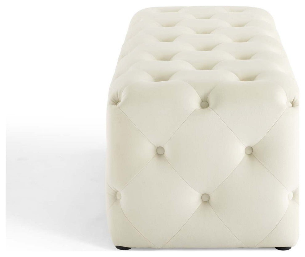 Tufted Accent Chair Bench, Velvet, Ivory White, Modern, Lounge Hospitality