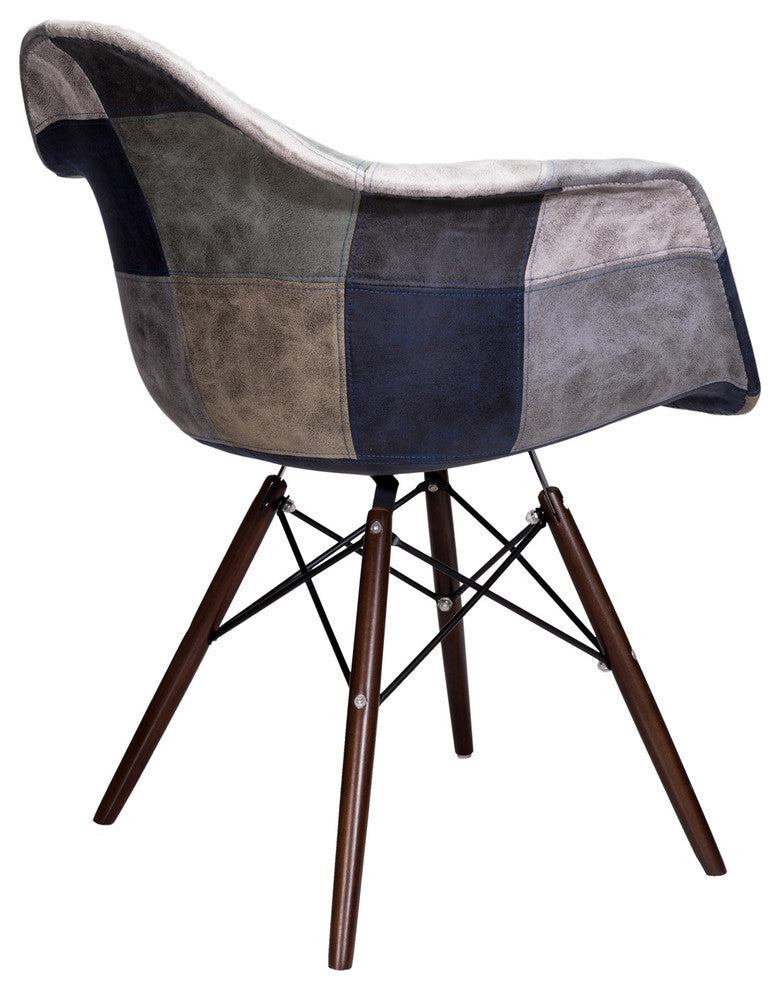 Patch Leatherette Fabric Upholstered DAW Arm Chair, Dark Walnut Leg, Blue/Gray