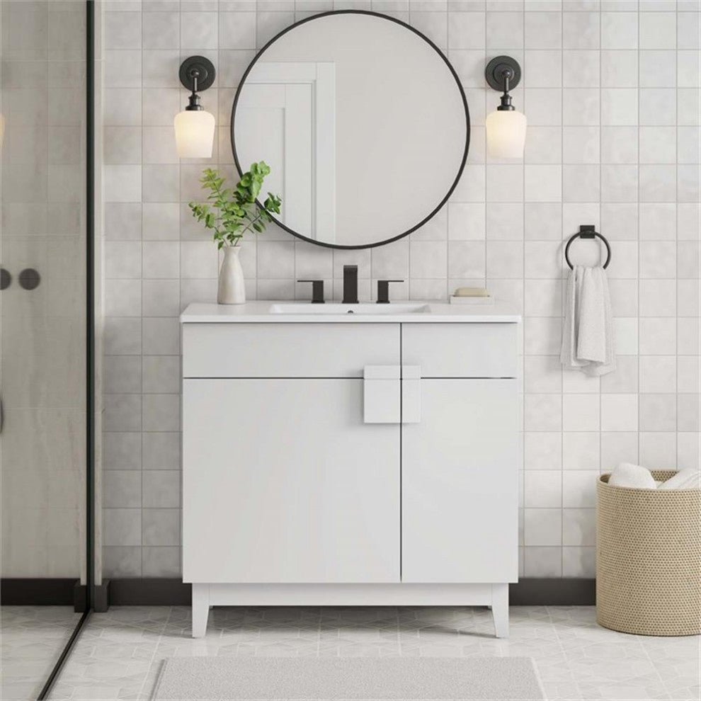 Modway Miles 36" Wood Bathroom Vanity with Tapered Legs in White