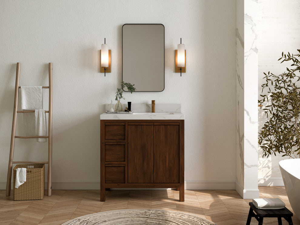 Elizabeth 36 Right Offset Bath Vanity in Dark Walnut Teak 2" Carrara Marble