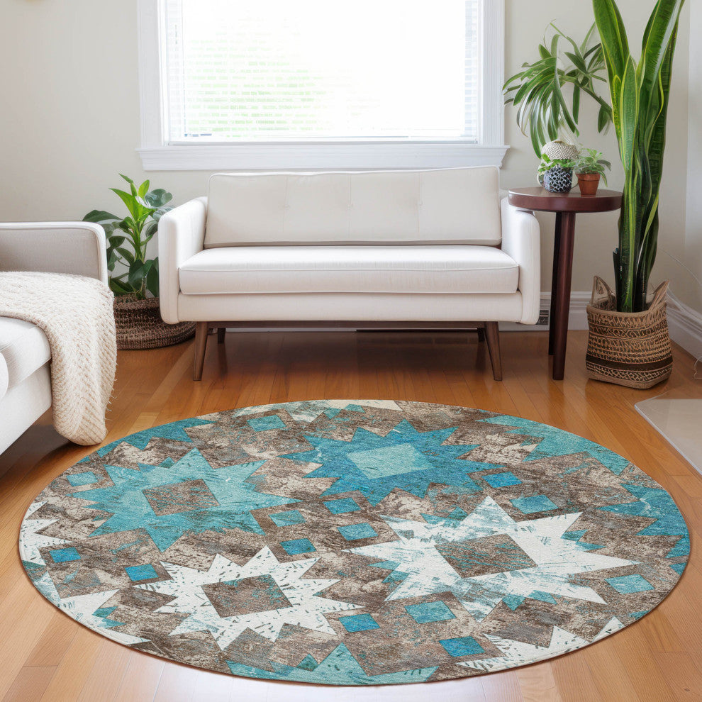 Machine Washable Indoor/Outdoor Chantille ACN1879 Teal 8' x 8' Round Rug
