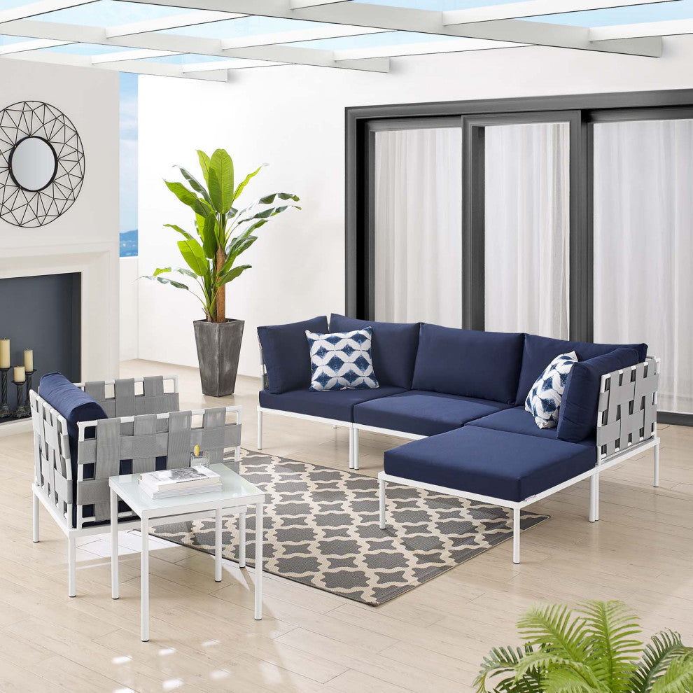 Sectional Sofa Chair Table Set, Sunbrella, Aluminum, Gray Blue Navy, Outdoor