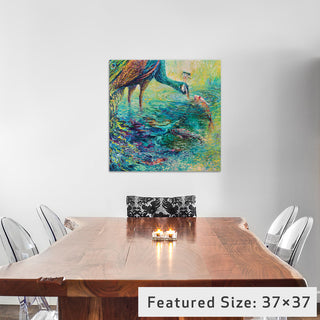 "Peacock Diptych Panel II Gallery" by Iris Scott, 26"x26"x1.5"