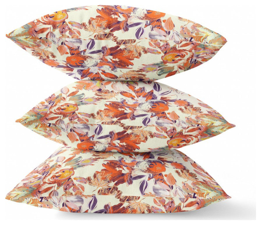 20" Peach Cream Florals Indoor Outdoor Zippered Throw Pillow