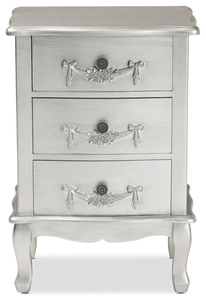 Callen Classic and Traditional Brushed Silver Finished Wood 3-Drawer Nightstand
