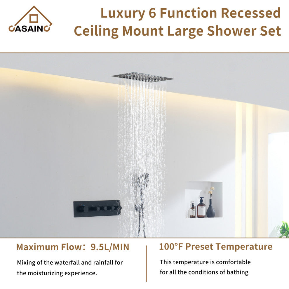 16 Inch Luxury Thermostatic Shower System, Matte Black