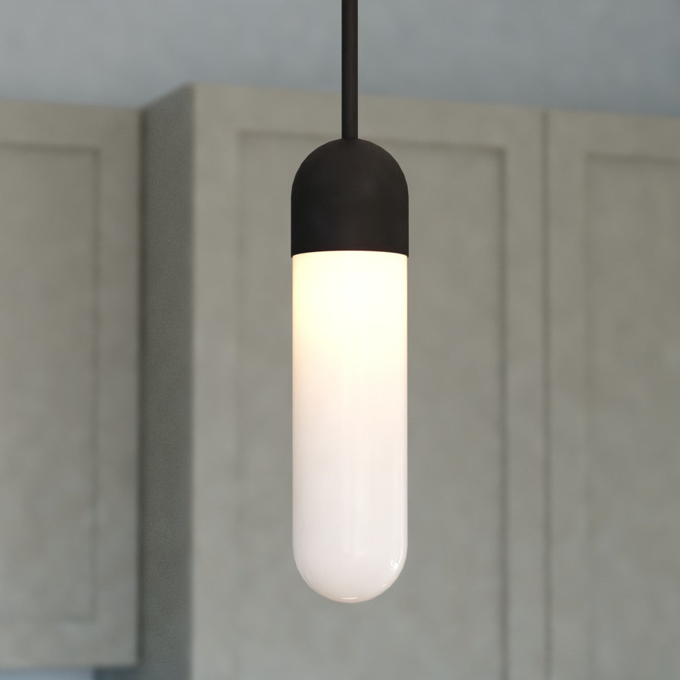 Thalia Contemporary Mini Pendant Ceiling Light White Pill Glass, Matte Black