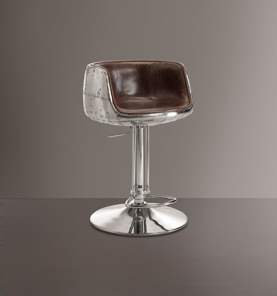 Top Grain Leather Adjustable Arm Stool with Swivel, Vintage Brown