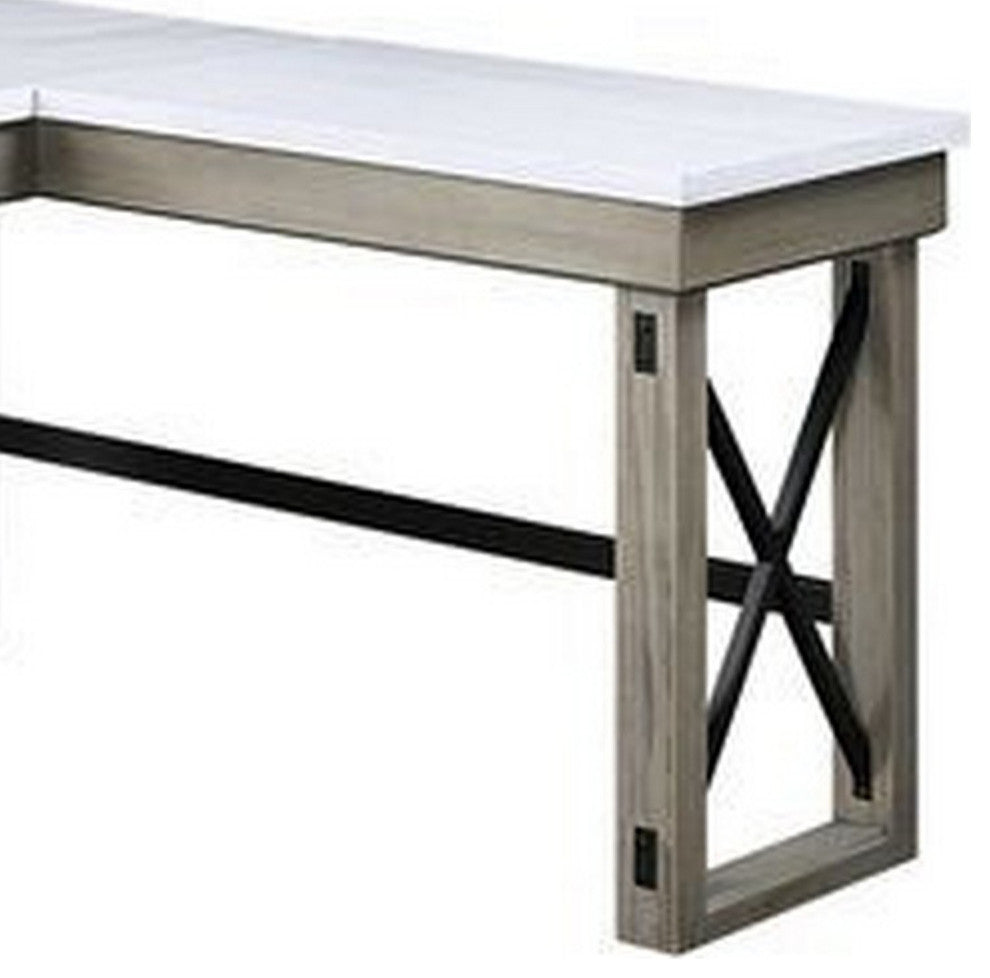 Benzara BM269056 L Shaped Writing Desk, Marble Lift Top & Sled Base, Gray/White