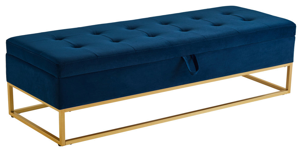 TATEUS Metal Base Bed Bench in Velvet Hidden Storage for Bedroom, Navy Blue