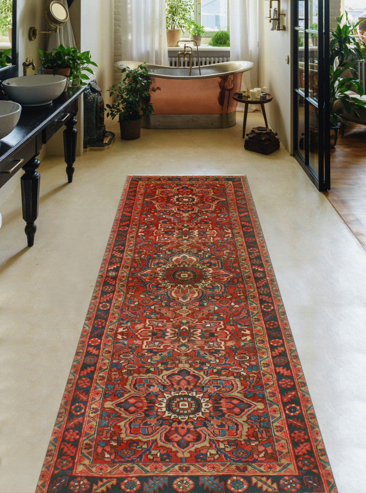 Fine Vintage Distressed Garland Red/Navy Runner, 3'7x11'4
