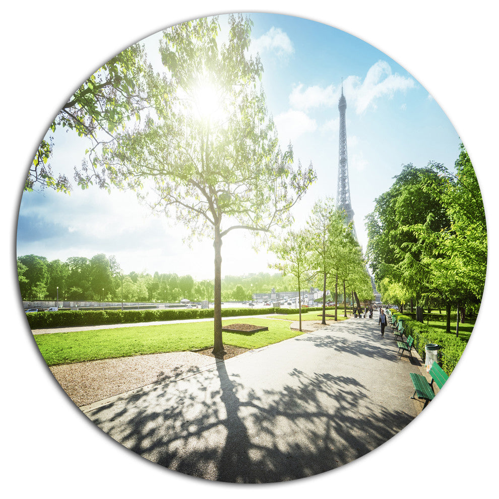Eiffel Tower At Sunny Morning, Landscape Disc Metal Wall Art, 23"