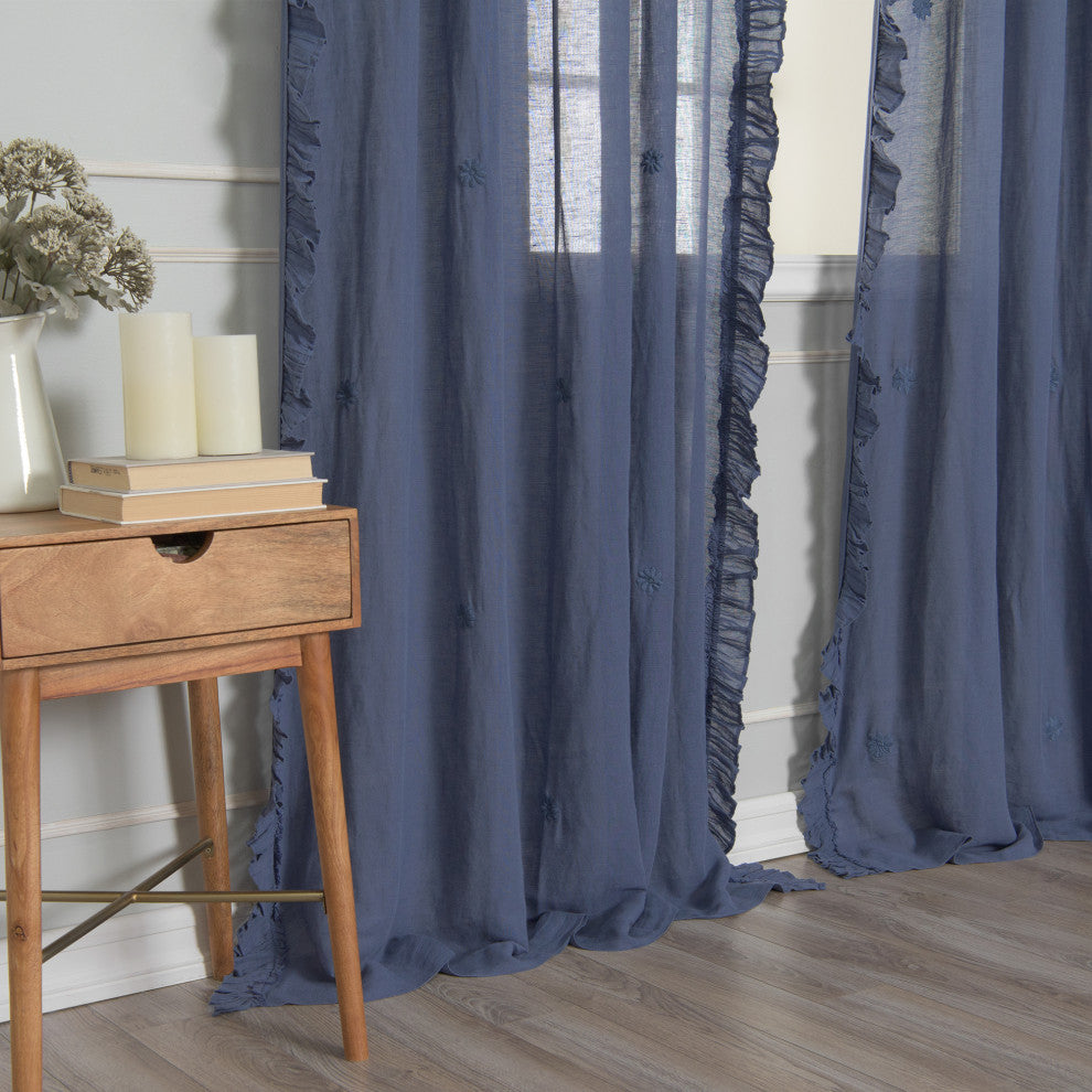 Sheer Side Ruffle French Linen Curtain, Indigo