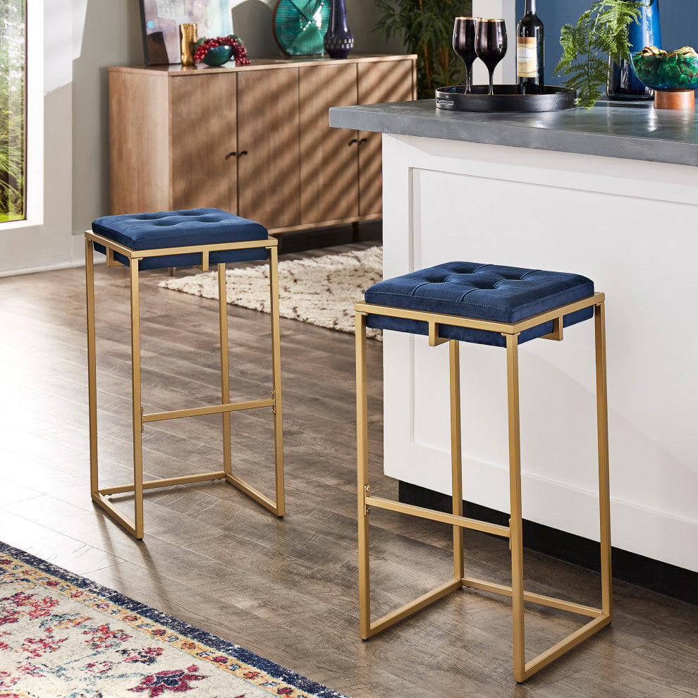 Jasper Gold Finish Velvet Button Tufted Stools, Set of 2, Blue, Bar Height