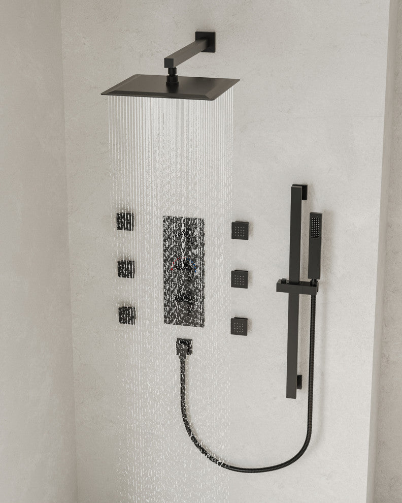 Thermostatic Shower Faucet 12" Rain Shower Head with Handheld Slide Bar System, Matte Black