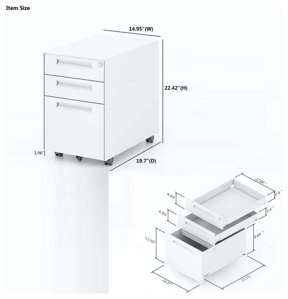 Fully Assembled 3 Drawer Metal Mobile Vertical Locking File Cabinet White