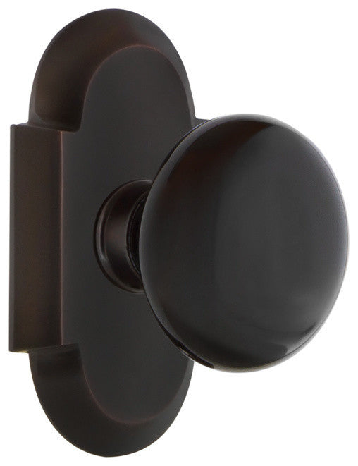 Cottage Plate Privacy Black Porcelain Knob, Timeless Bronze