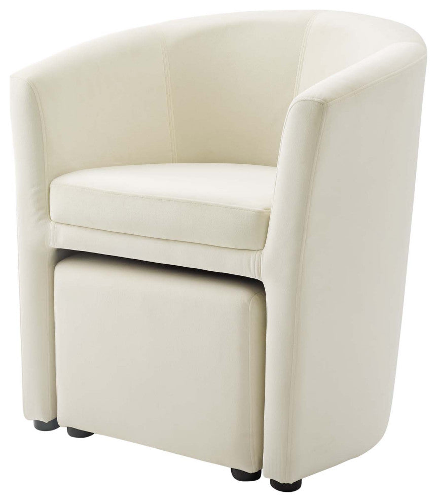 Lounge Lobby Armchair Accent Chair and Ottoman, Velvet Fabric, Ivory White