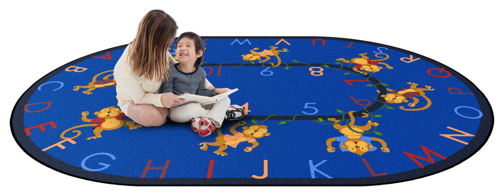 Kid Essentials Rug, Monkey Business, Blue, 5'4"x7'8" Oval