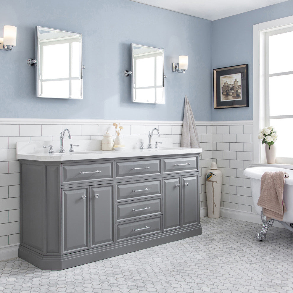 72" Palace Quartz Carrara Cashmere Gray Vanity With Hardware, Faucets in Chrome