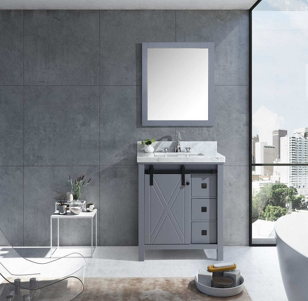 Marsyas Veluti 30" Dark Gray Single Vanity Carrara Marble Top Sink, 28" Mirror