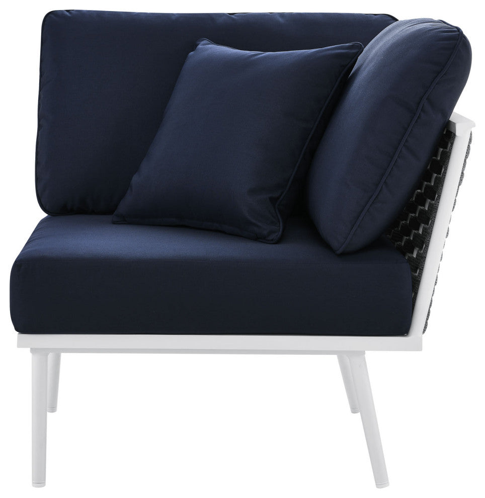 Lounge Sectional Sofa Chair Set, Navy White, Aluminum, Modern, Outdoor Patio