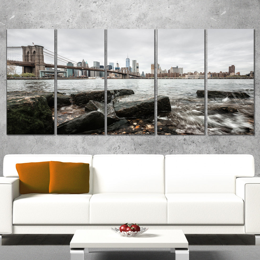 Brooklyn Bridge with Rocks on Shore, Cityscape Canvas Print, 60"x28", 5 Panels