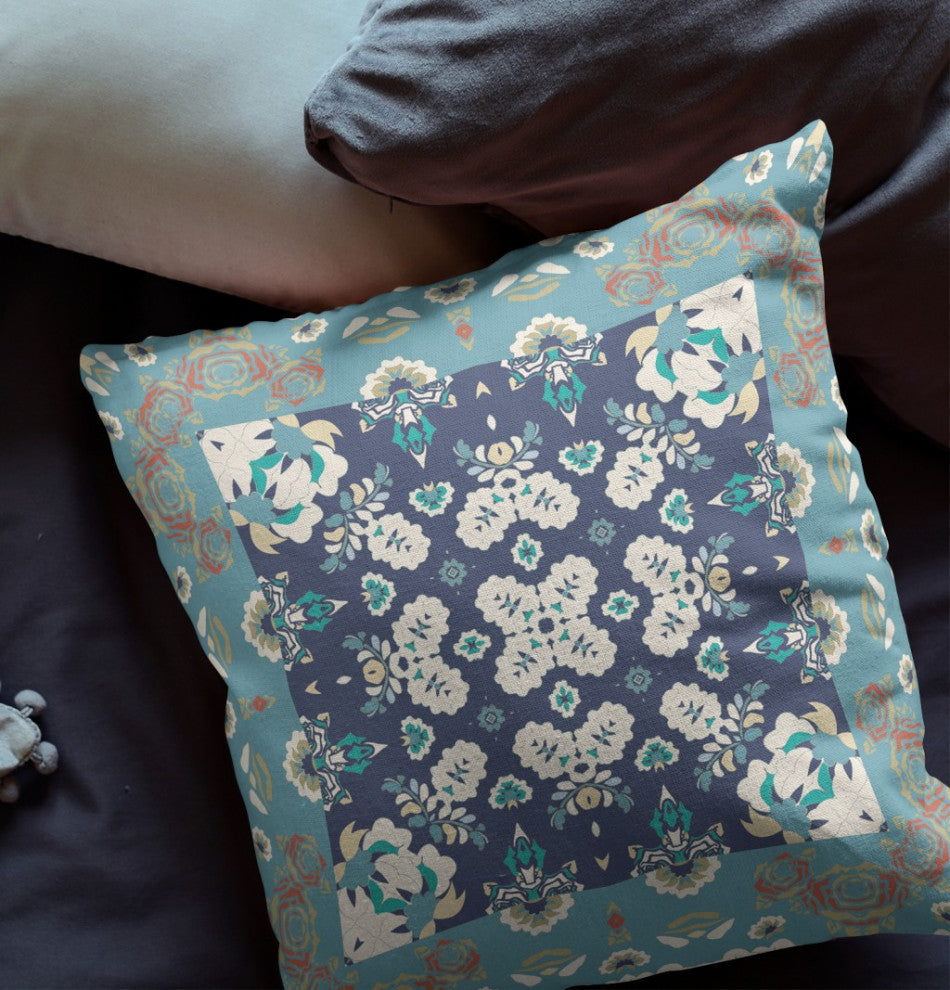 26" Glacier Blue Rose Box Indoor Outdoor Zippered Throw Pillow