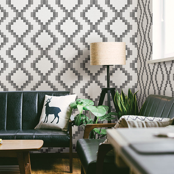 Mosaic Diamond Grid Monochromatic Wallpaper, Charcoal Gray & Light Gray, Sample