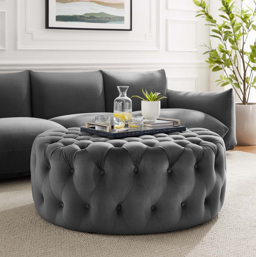 Round Ottoman Accent Tufted Chair, Gray, Velvet, Modern, Cafe Hospitality