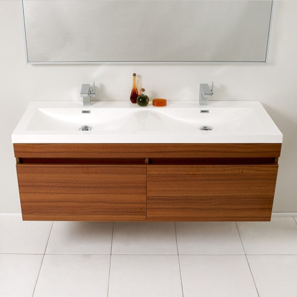Fresca Largo 57" Teak Modern Bathroom Vanity With Wavy Double Sinks