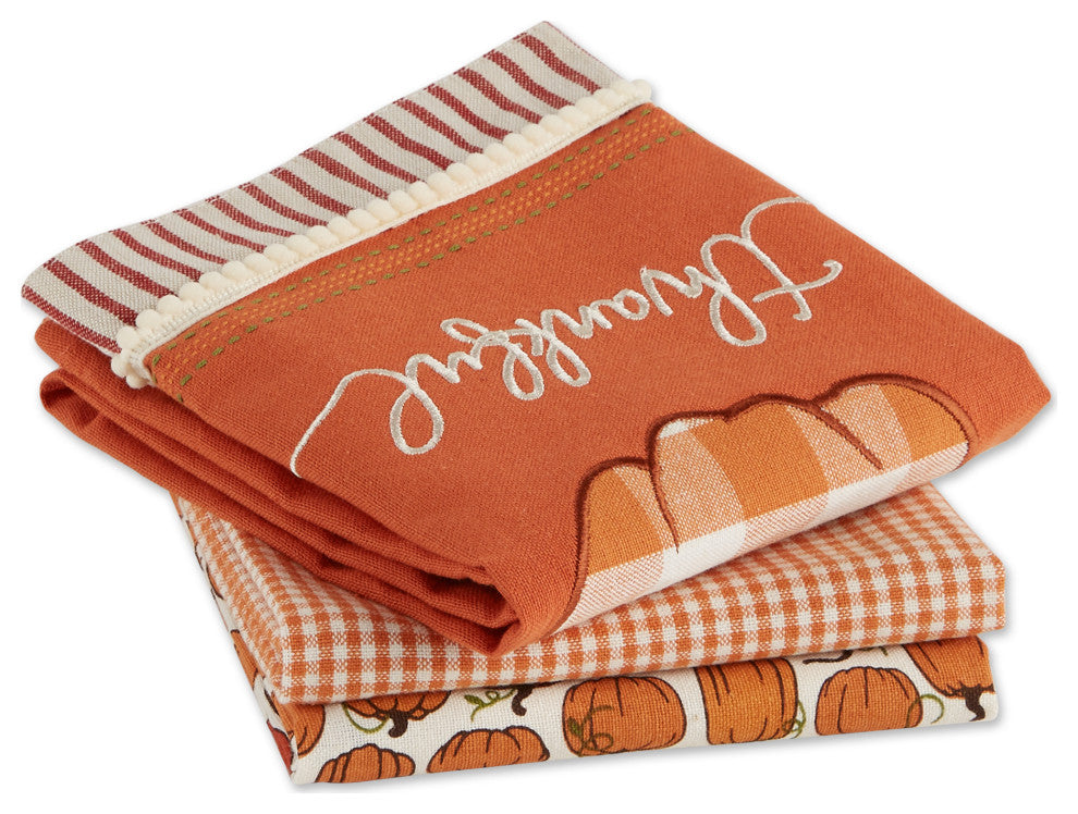 Assorted Thankful Check Pumpkin Dishtowel (Set of 3)