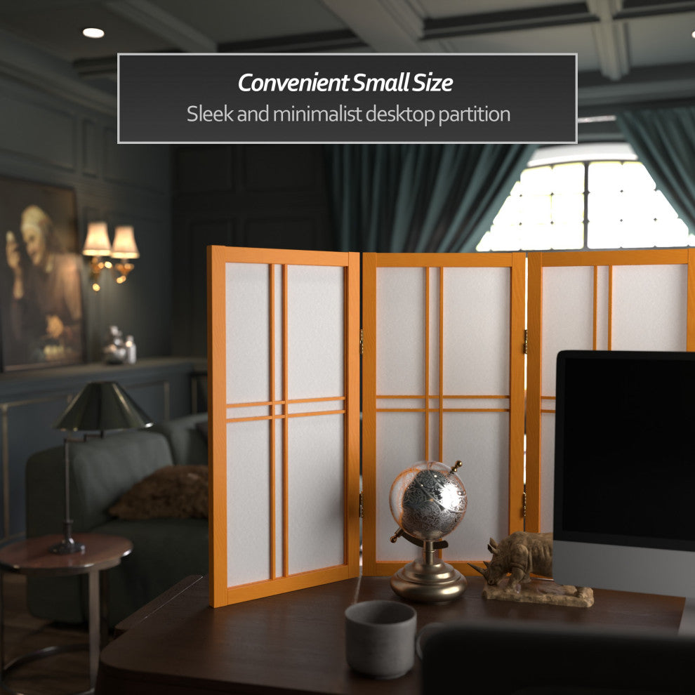 2' Tall Desktop Double Cross Shoji Screen, Honey, 4 Panels