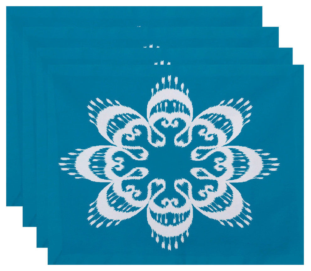 18"x14" Ikat Mandala, Geometric Print Placemat, Turquoise, Set of 4