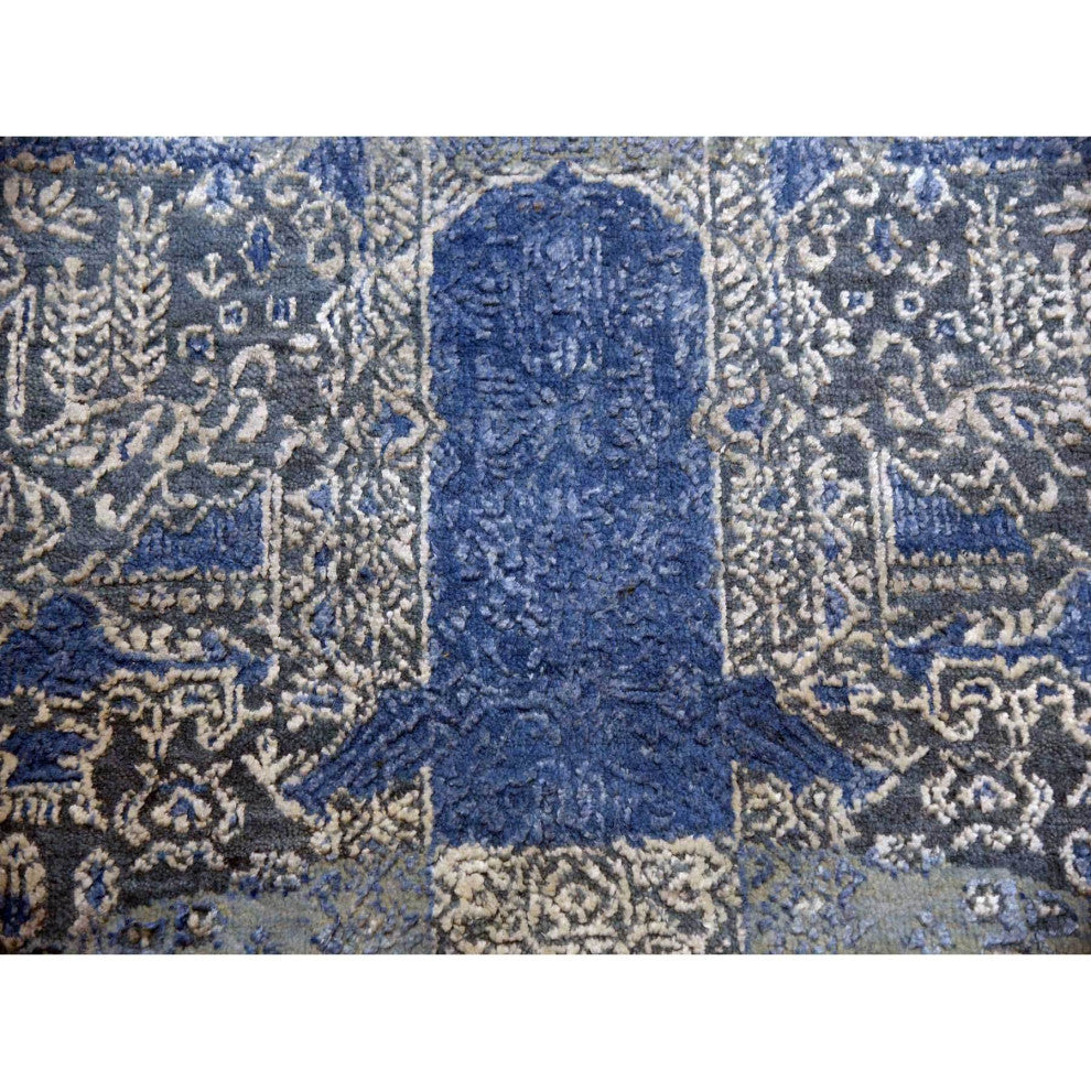 Blue Wool and Silk Jewellery Design Hand Knotted Oriental Round Rug, 10'0"x10'1"