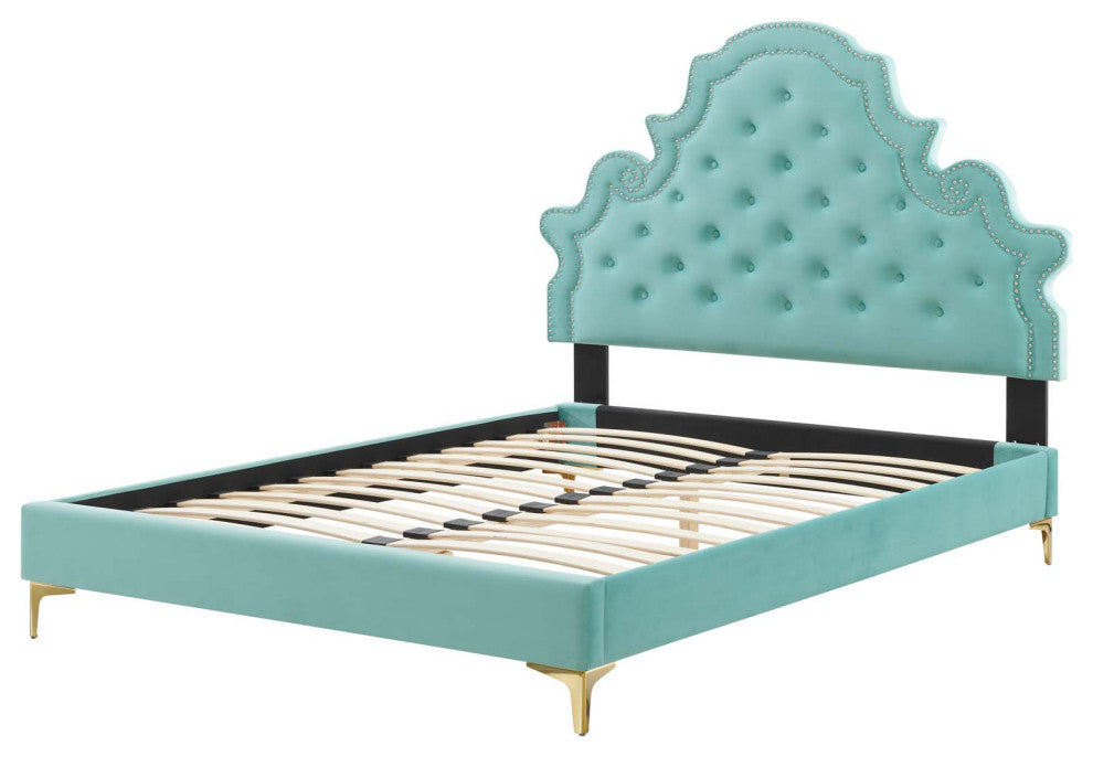 Tufted Platform Bed Frame, Twin Size, Velvet, Blue, Modern Contemporary, Bedroom