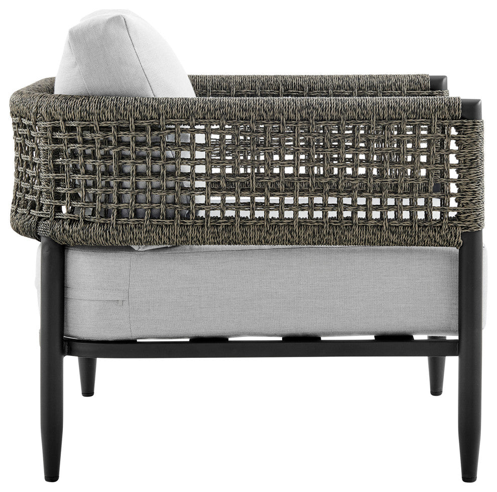 Felicia 4 Piece Outdoor Black Metal & Rope Chat Set With Light Gray Cushions