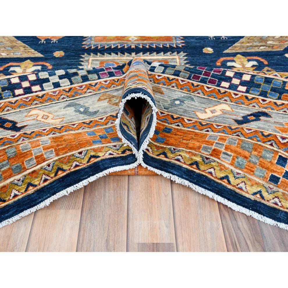 Navy Blue, Armenian Inspired Design 200 KPSI Wool Hand Knotted Rug, 9'1"x11'7"
